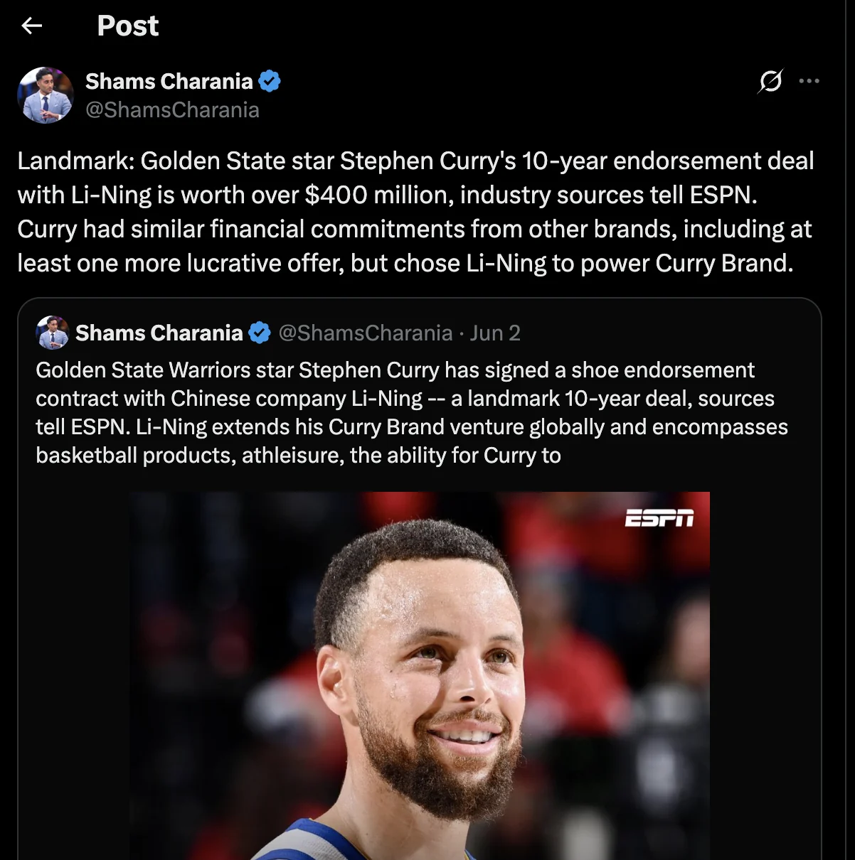 Shams and ESPN report screenshot about Stephen Curry and Li-Ning partnership
