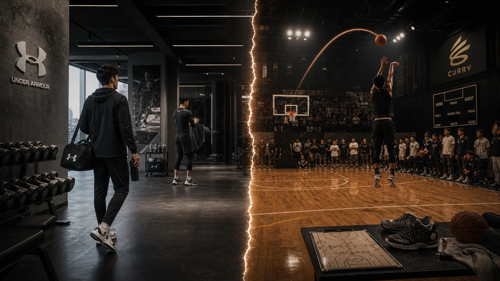 Visual comparison between Under Armour training scene and Curry basketball scene