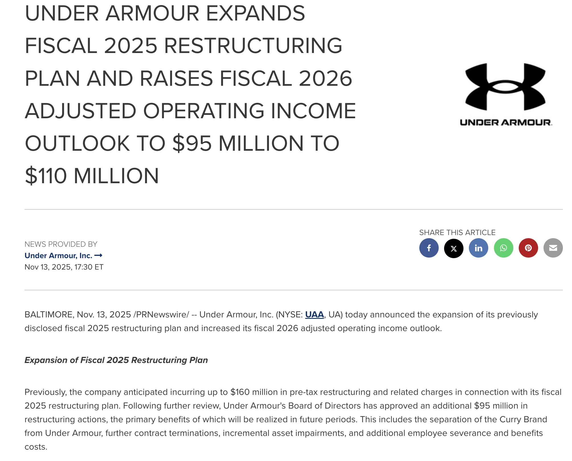 Under Armour fiscal 2025 restructuring announcement screenshot