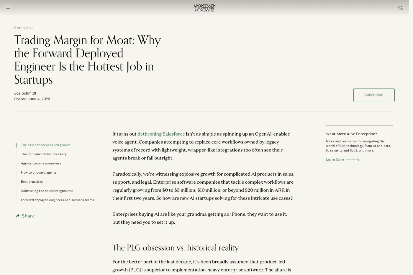 a16z Forward Deployed Engineer article screenshot