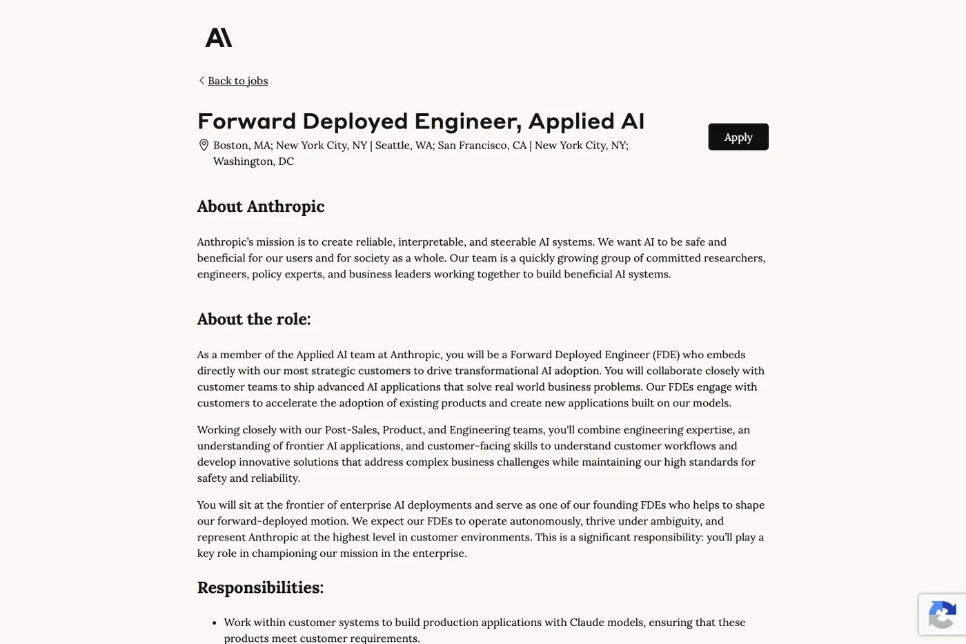 Anthropic Forward Deployed Engineer job screenshot