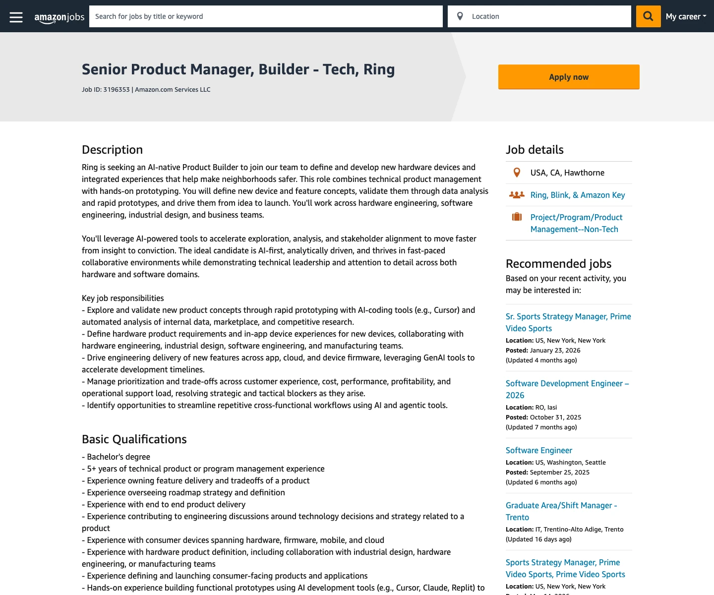 Amazon Jobs Senior Product Manager Builder Tech screenshot